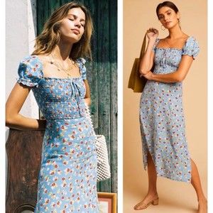 Faithfull The Brand Castilo Jasmin Midi Dress Floral Baby Blue Size S NEW